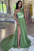 Sage One-Shoulder High Split Prom Dress With Court Train by misshow.com