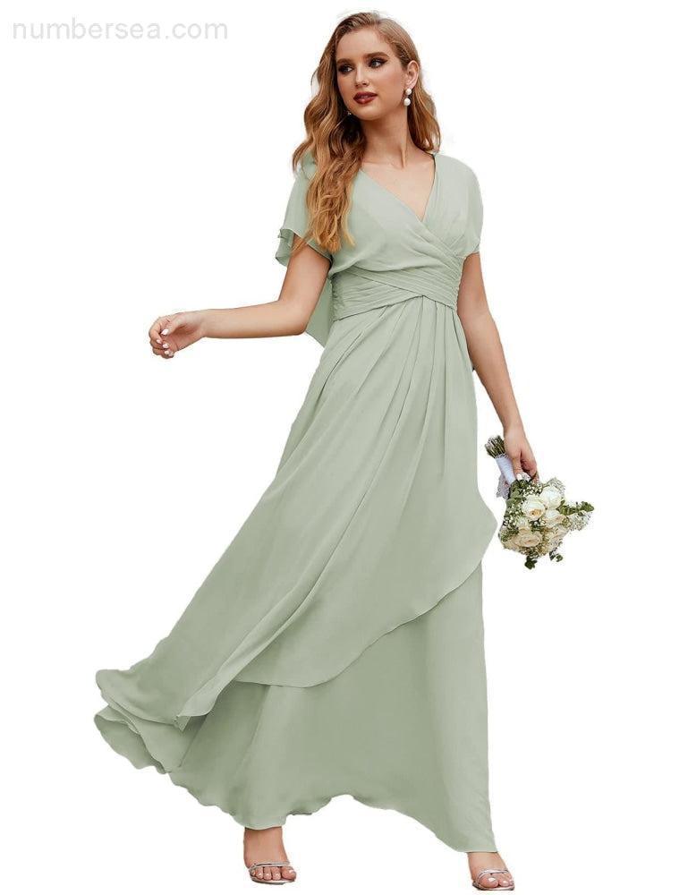 Numbersea Chiffon Bridesmaid Dresses Long Formal Evening Prom Mother of The Bride Dress with Flutter Sleeve     SEA28040