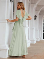 Numbersea Chiffon Bridesmaid Dresses Long Formal Evening Prom Mother of The Bride Dress with Flutter Sleeve     SEA28040
