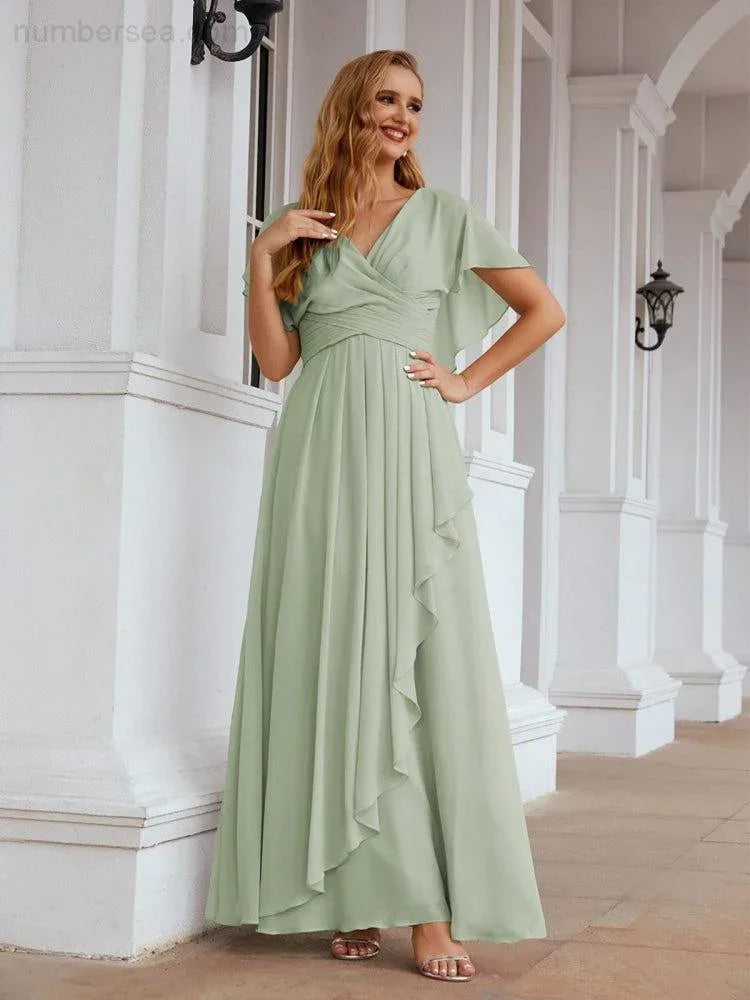 Numbersea Chiffon Bridesmaid Dresses Long Formal Evening Prom Mother of The Bride Dress with Flutter Sleeve     SEA28040