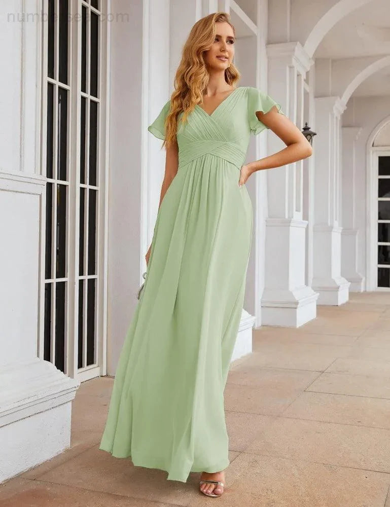 Numbersea Chiffon-Brautjungfernkleid mit kurzen Ärmeln, Maxikleid, Abendkleid, Partykleid, Hochzeitskleid, Mutter-der-Braut-Kleid für Damen SEA28047 