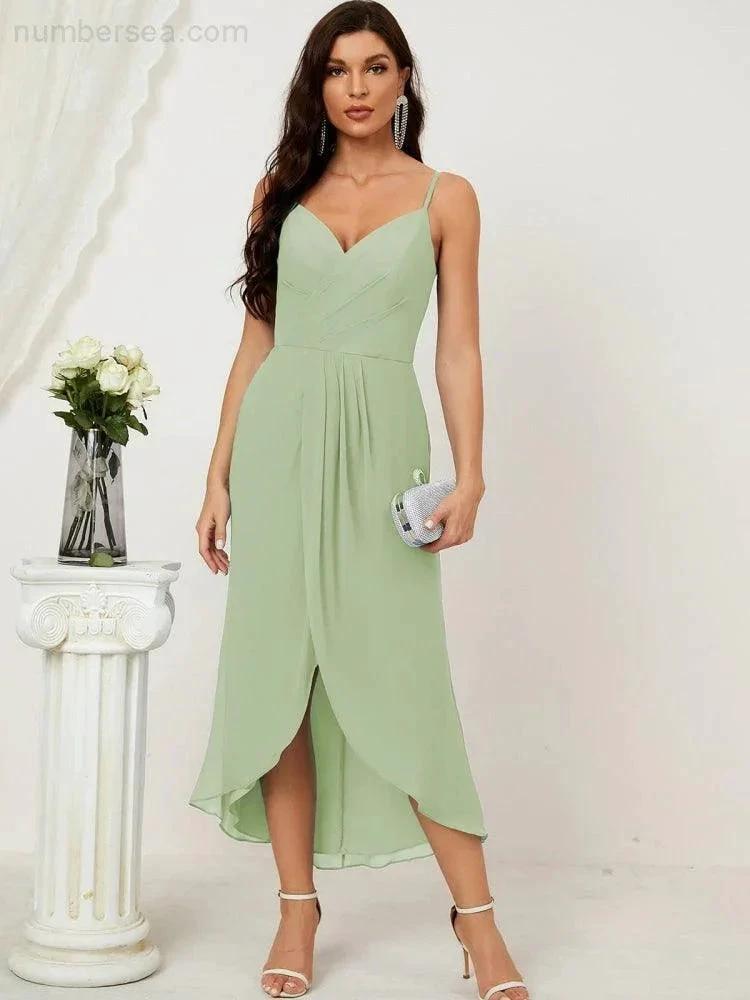 Numbersea Spaghetti Chiffon V Neck Bridesmaid Dress Mid-Length Slit Formal Prom Dress Homecoming Dress 2803 by numbersea