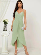 Numbersea Spaghetti Chiffon V Neck Bridesmaid Dress Mid-Length Slit Formal Prom Dress Homecoming Dress 2803 by numbersea