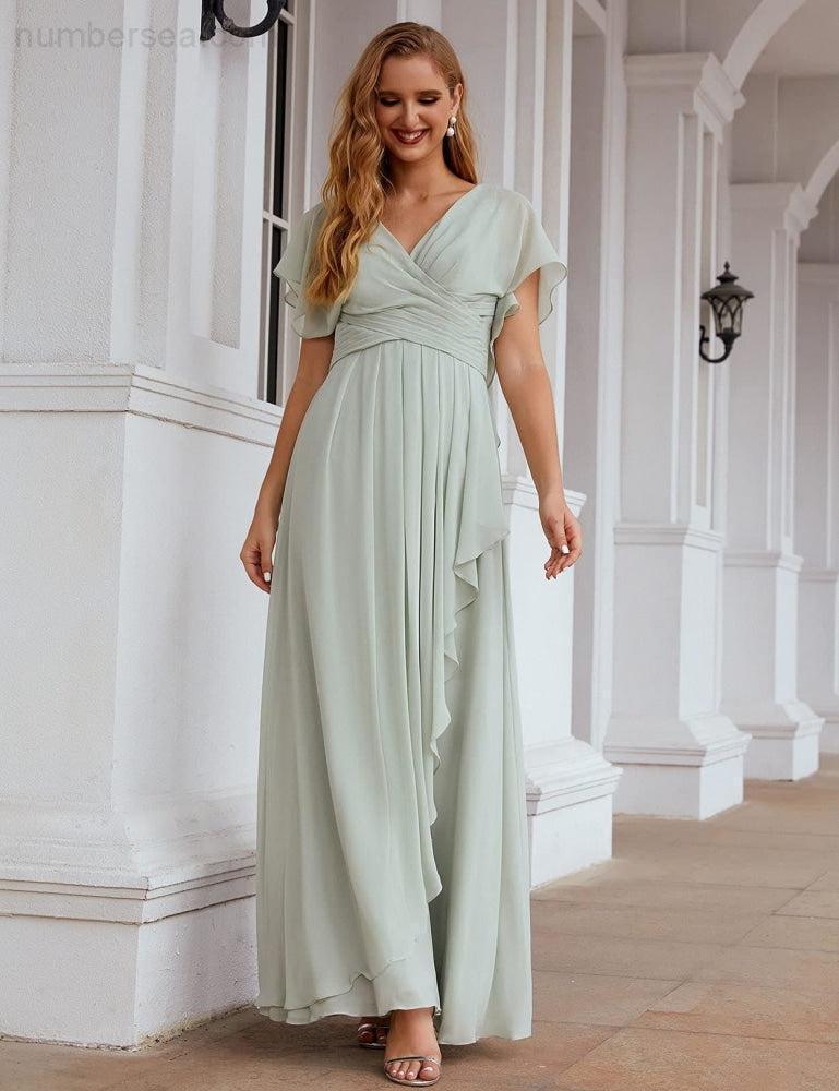 Numbersea Chiffon Bridesmaid Dresses Long Formal Evening Prom Mother of The Bride Dress with Flutter Sleeve     SEA28040