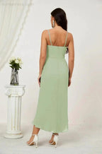 Numbersea Spaghetti Chiffon V Neck Bridesmaid Dress Mid-Length Slit Formal Prom Dress Homecoming Dress 2803 by numbersea