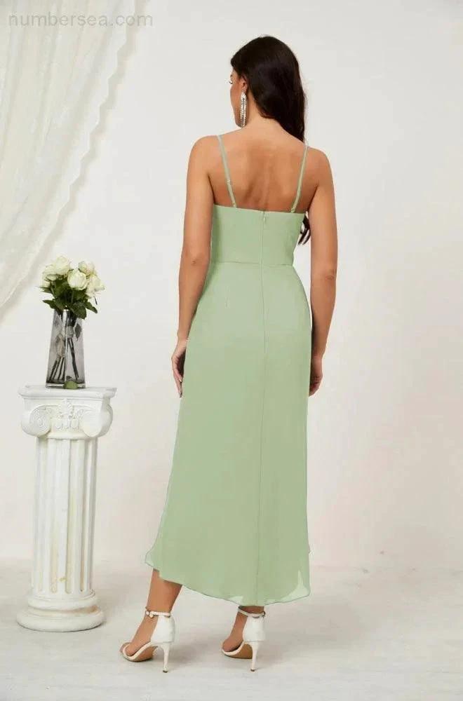 Numbersea Spaghetti Chiffon V Neck Bridesmaid Dress Mid-Length Slit Formal Prom Dress Homecoming Dress 2803 by numbersea