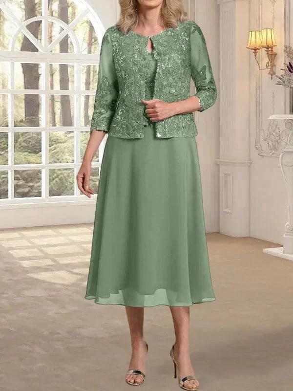 A-line Scoop Tea-Length Lace Chiffon Mother of the Bride Dress With Sequins by Dreamylily
