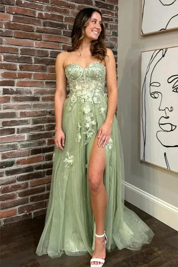 Sage Green Strapless Floral A-line Long Prom Dress with Slit PSK500 by pgmdress