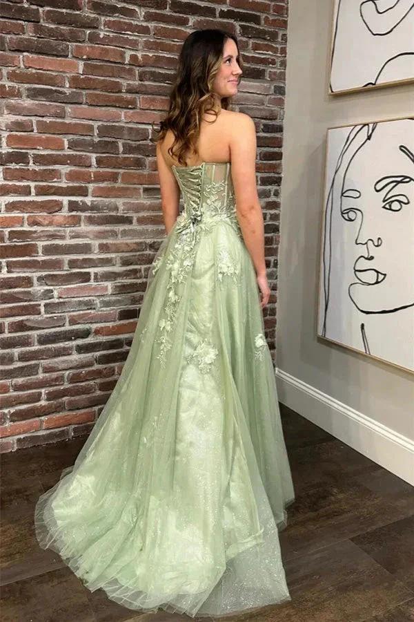 Sage Green Strapless Floral A-line Long Prom Dress with Slit PSK500 by pgmdress