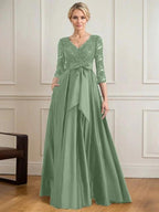 A-line V-Neck Floor-Length Satin Lace Mother of the Bride Dress With Sequins Bow by Dreamylily