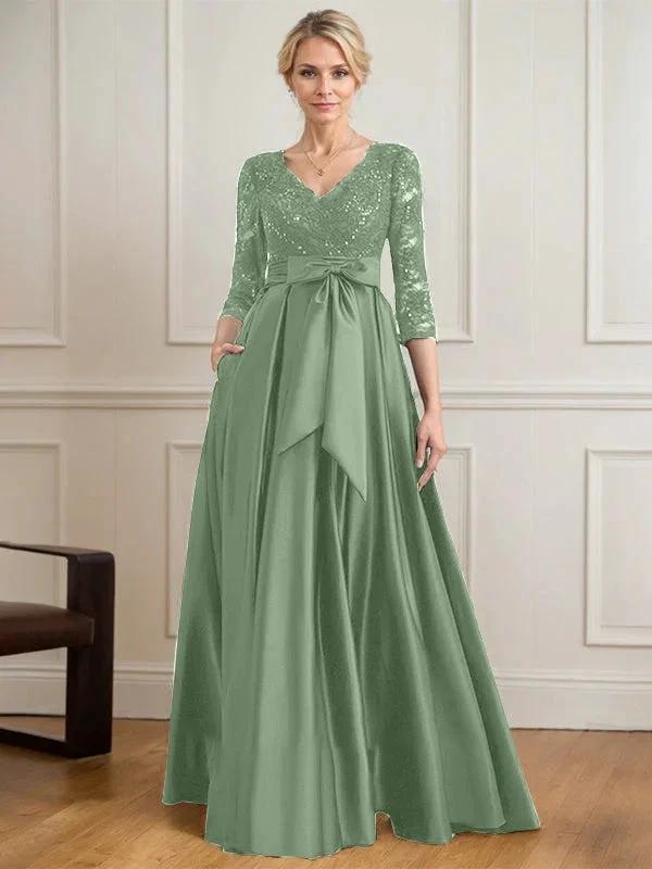 A-line V-Neck Floor-Length Satin Lace Mother of the Bride Dress With Sequins Bow by Dreamylily