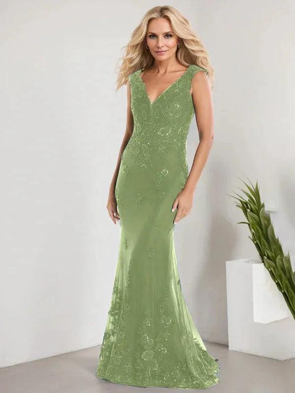 A-line V-Neck Floor-Length Lace Chiffon Mother of the Bride Dress With Applique Sequins Mermaid Dresses by Dreamylily