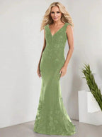 A-line V-Neck Floor-Length Lace Chiffon Mother of the Bride Dress With Applique Sequins Mermaid Dresses by Dreamylily