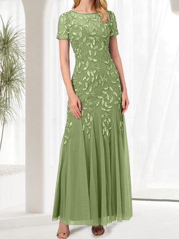 Vestido largo de sirena azul con cuello redondo para madre de la novia con cuentas