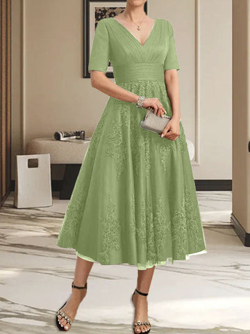 A-line V-Neck Tea-Length Tulle Lace Mother of the Bride Dress With Pleated