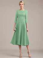 A-line Scoop Tea-Length Lace Chiffon Mother of the Bride Dress by Dreamylily