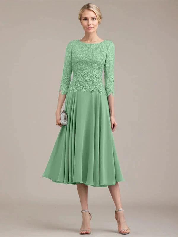 A-line Scoop Tea-Length Lace Chiffon Mother of the Bride Dress by Dreamylily