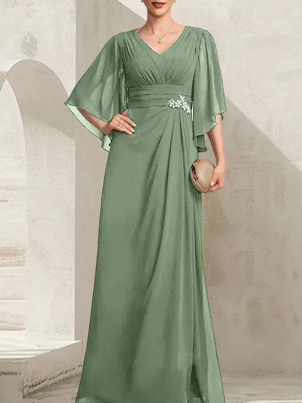 Sheath/Column V-Neck Floor-Length Chiffon Mother of the Bride Dress With Pleated Sequins Beading by Dreamylily
