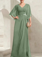 Sheath/Column V-Neck Floor-Length Chiffon Mother of the Bride Dress With Pleated Sequins Beading by Dreamylily