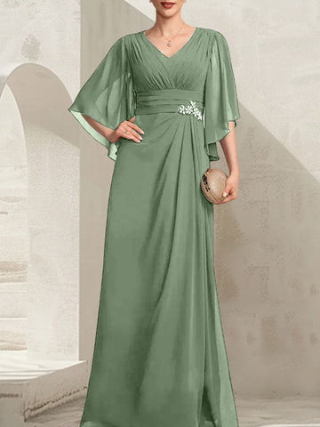 Vestido de gasa para madre de la novia, con escote en V, largo hasta el suelo, con lentejuelas plisadas y abalorios
