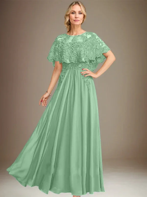 A-line Boat Neck Floor-Length Lace Chiffon Mother of the Bride Dress With Applique Sequins by Dreamylily
