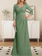 Sheath/Column V-Neck Illusion Floor-Length Lace Chiffon Mother of the Bride Dress With Pleated Sequins by Dreamylily