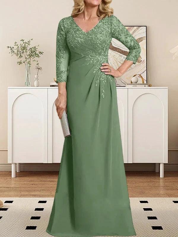 Sheath/Column V-Neck Illusion Floor-Length Lace Chiffon Mother of the Bride Dress With Pleated Sequins by Dreamylily