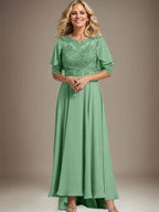 A-line Scoop Illusion Asymmetrical Chiffon Lace Mother of the Bride Dress With Beading by Dreamylily