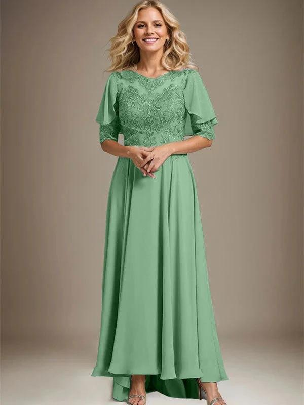 A-line Scoop Illusion Asymmetrical Chiffon Lace Mother of the Bride Dress With Beading by Dreamylily