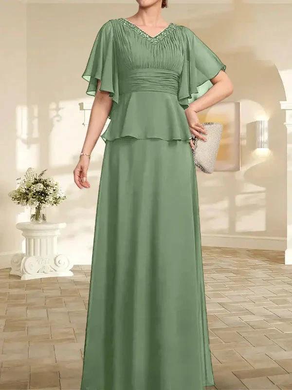 A-line V-Neck Floor-Length Chiffon Mother of the Bride Dress With Pleated Beading by Dreamylily