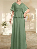 A-line V-Neck Floor-Length Chiffon Mother of the Bride Dress With Pleated Beading by Dreamylily