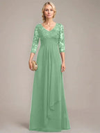 A-line V-Neck Floor-Length Lace Chiffon Mother of the Bride Dress With Cascading Ruffles Sequins by Dreamylily