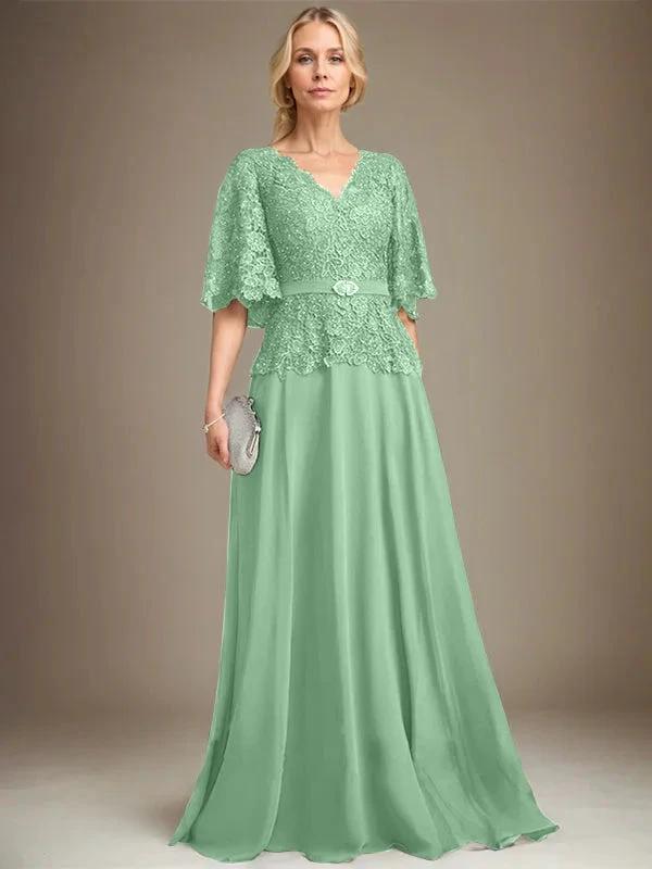 A-line V-Neck Floor-Length Chiffon Lace Mother of the Bride Dress With Crystal Brooch Rhinestone by Dreamylily
