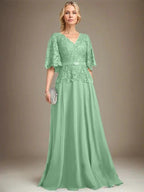 A-line V-Neck Floor-Length Chiffon Lace Mother of the Bride Dress With Crystal Brooch Rhinestone by Dreamylily