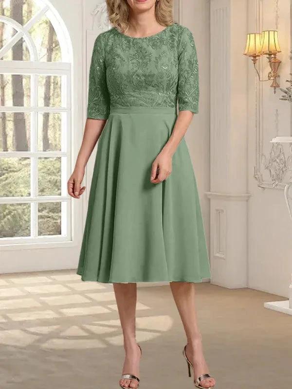 A-line Scoop Knee-Length Lace Chiffon Mother of the Bride Dress by Dreamylily