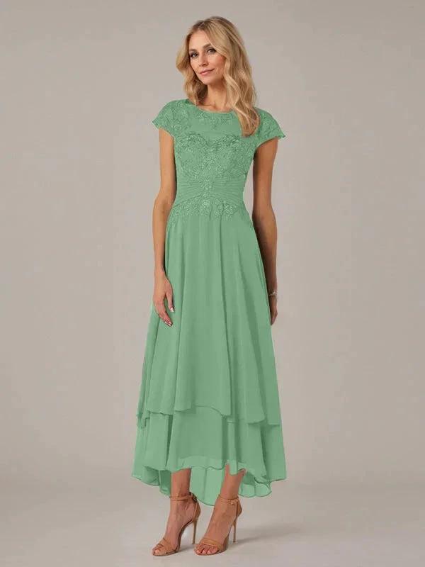 A-line Boat Neck Illusion Asymmetrical Chiffon Lace Mother of the Bride Dress With Applique Pleats by Dreamylily