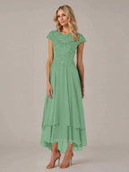 A-line Boat Neck Illusion Asymmetrical Chiffon Lace Mother of the Bride Dress With Applique Pleats by Dreamylily