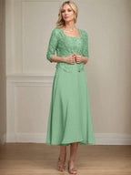 A-line Square Tea-Length Chiffon Lace Mother of the Bride Dress With Sequins Beading by Dreamylily
