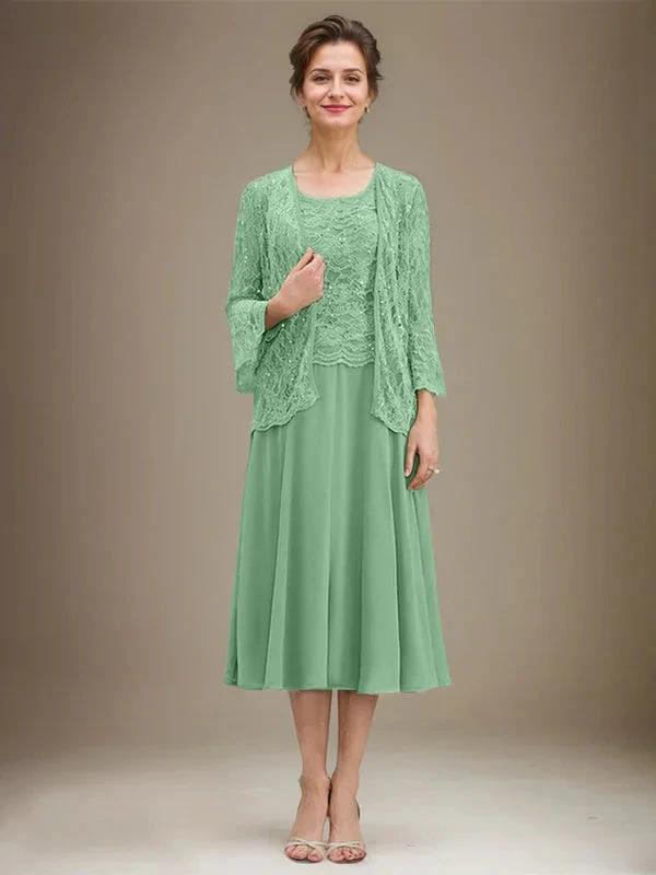 A-line Scoop Tea-Length Lace Chiffon Mother of the Bride Dress With Sequins by Dreamylily