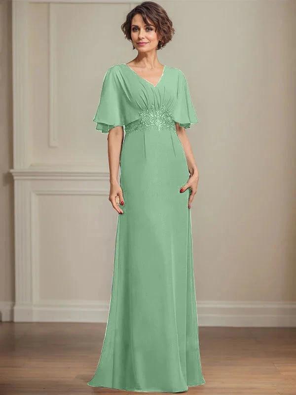A-line V-Neck Floor-Length Chiffon Mother of the Bride Dress With Pleated Sequins Appliques Lace by Dreamylily