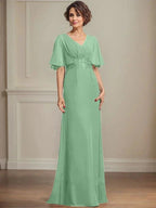 A-line V-Neck Floor-Length Chiffon Mother of the Bride Dress With Pleated Sequins Appliques Lace by Dreamylily