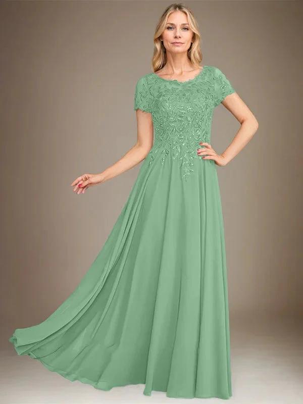 A-Line Scoop Floor-Length Chiffon Mother of the Bride Dress With Applique & Sequins by Dreamylily
