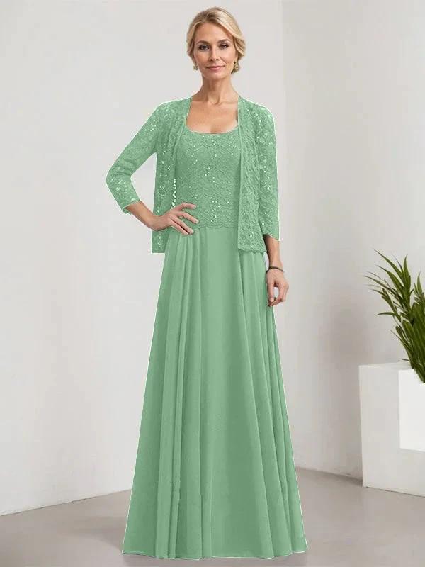 A-line Square Floor-Length Lace Chiffon Mother of the Bride Dress With Sequins by Dreamylily