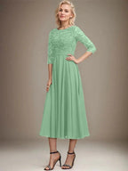 A-line Scoop Tea-Length Lace Chiffon Mother of the Bride Dress With Sequins by Dreamylily