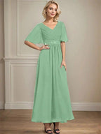 A-line V-Neck Ankle-Length Chiffon Mother of the Bride Dress With Pleated Beading Sequins by Dreamylily
