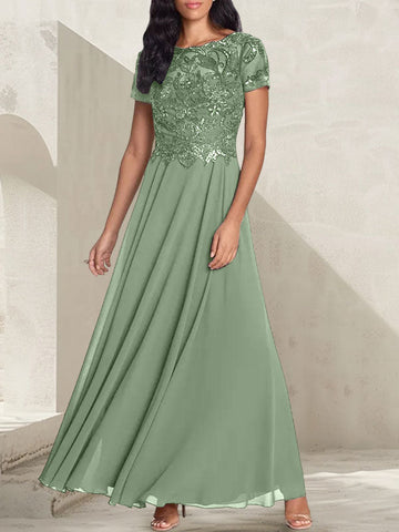 Vestido largo de madre de la novia con escote redondo, corte A, color gris carbón y cuentas