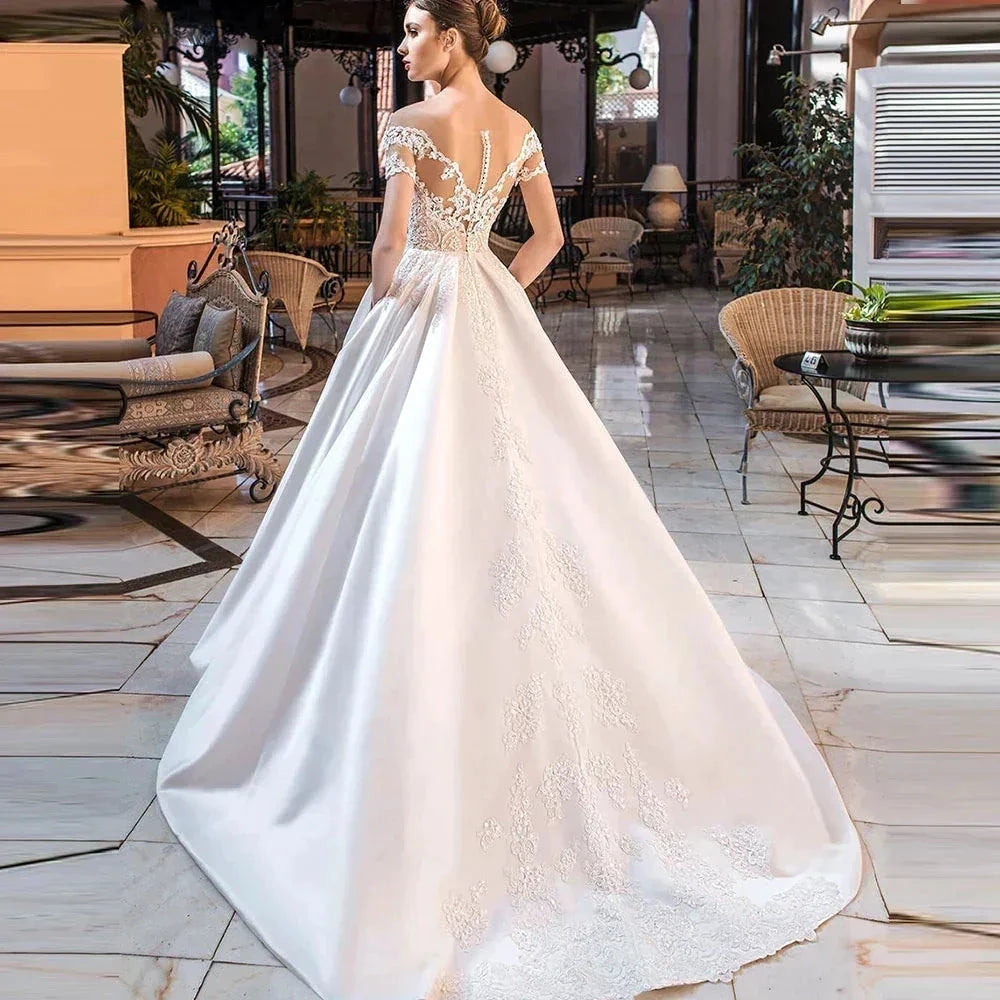 Satin A-Line Decal Wedding Dresses Women's Sweetheart Off Shoulder Button Backless Robe De Marée Lace Bridal Gowns With Pockets by payinti
