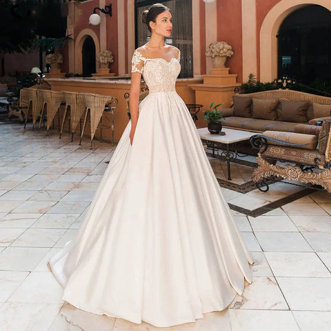 Satin A-Line Decal Wedding Dresses Women's Sweetheart Off Shoulder Button Backless Robe De Marée Lace Bridal Gowns With Pockets