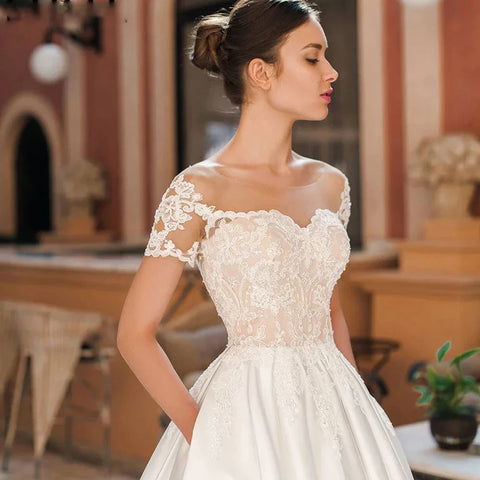 Satin A-Line Decal Wedding Dresses Women's Sweetheart Off Shoulder Button Backless Robe De Marée Lace Bridal Gowns With Pockets