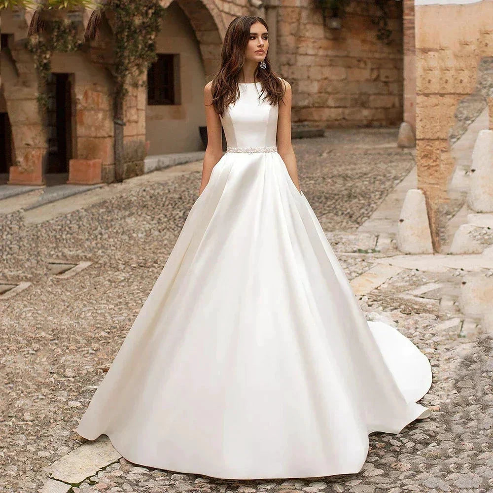 Satin Princess Wedding Dresses Scoop Neck Pockets Bride Gowns Buttons Country White Robe Plus Size 2023 Vestidos De Novia платье by payinti